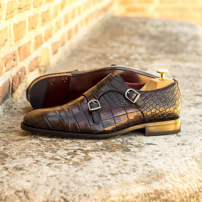 Aligator Leather Double Monk Shoes