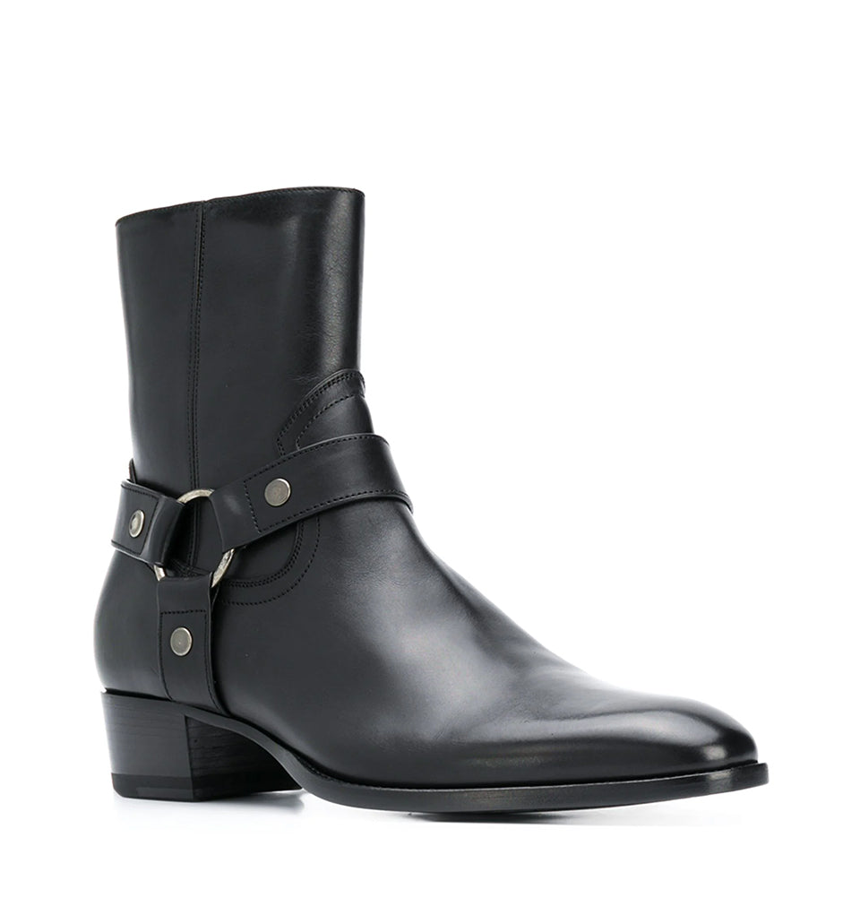 Black Leather Side Buckle Ankle boots
