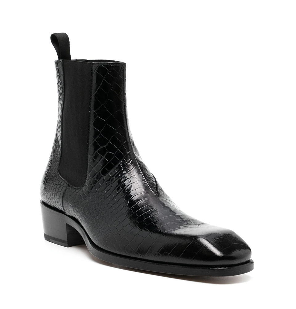 croco black leather boots