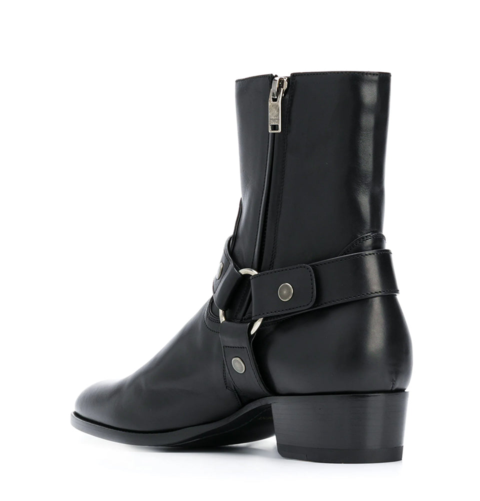 Black Leather Side Buckle Ankle boots