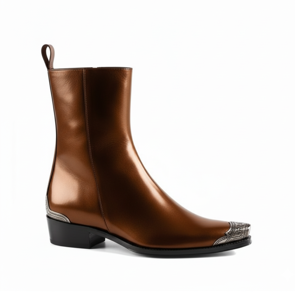 Patent Brown Long Chelsea Boots with Silver Toe