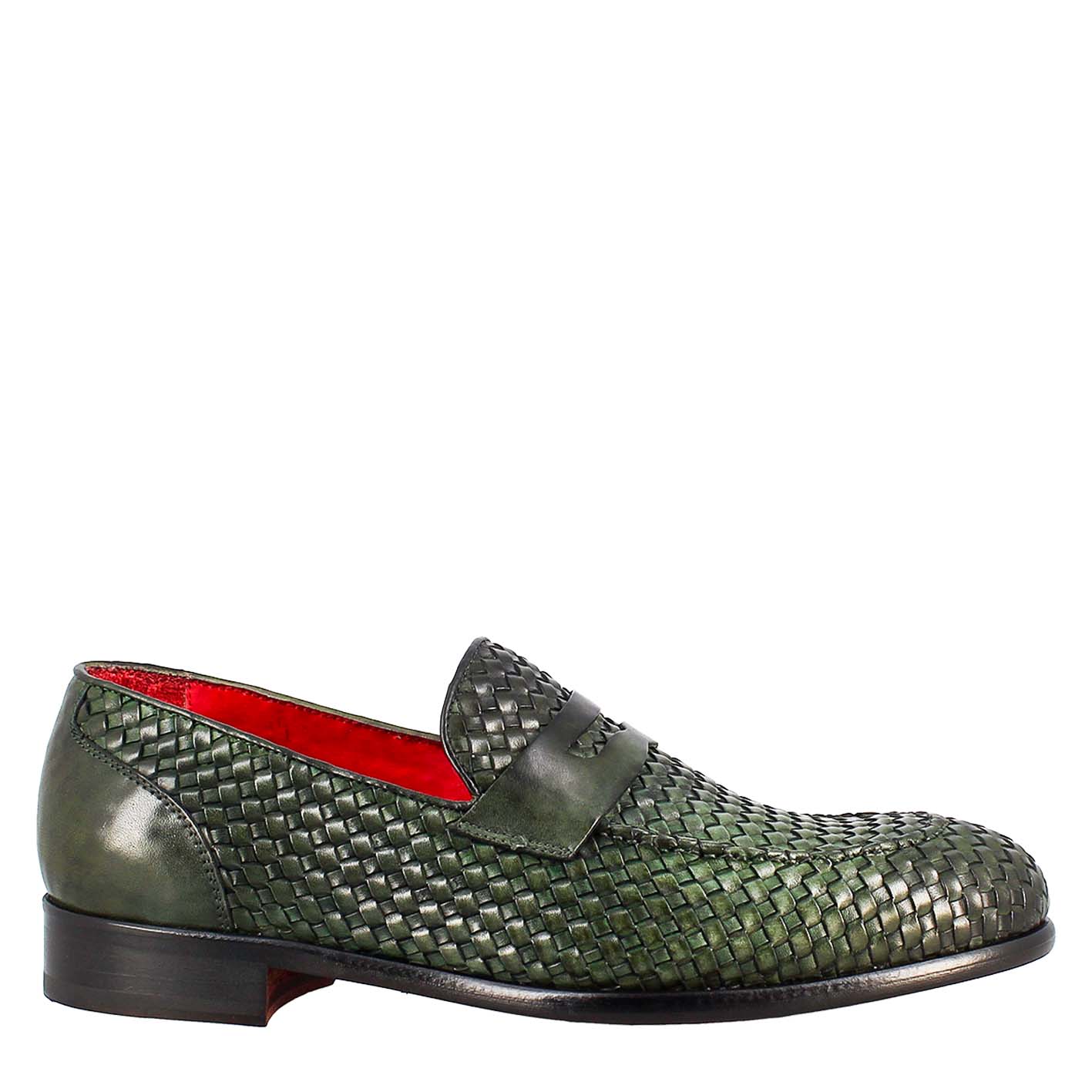 Woven Green Moccasin Leather Shoe