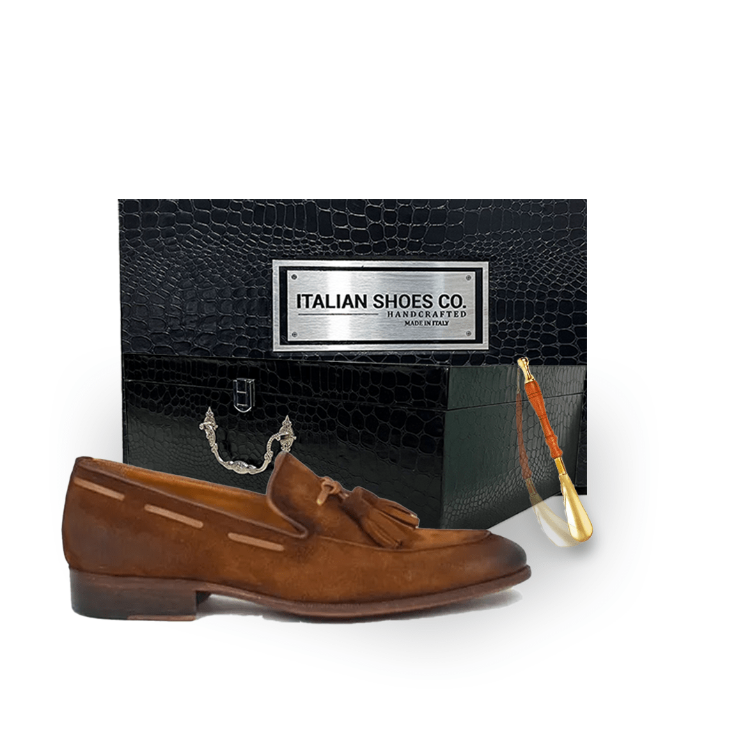 Suede Tassel Loafer in Tan Hand Colored Leather