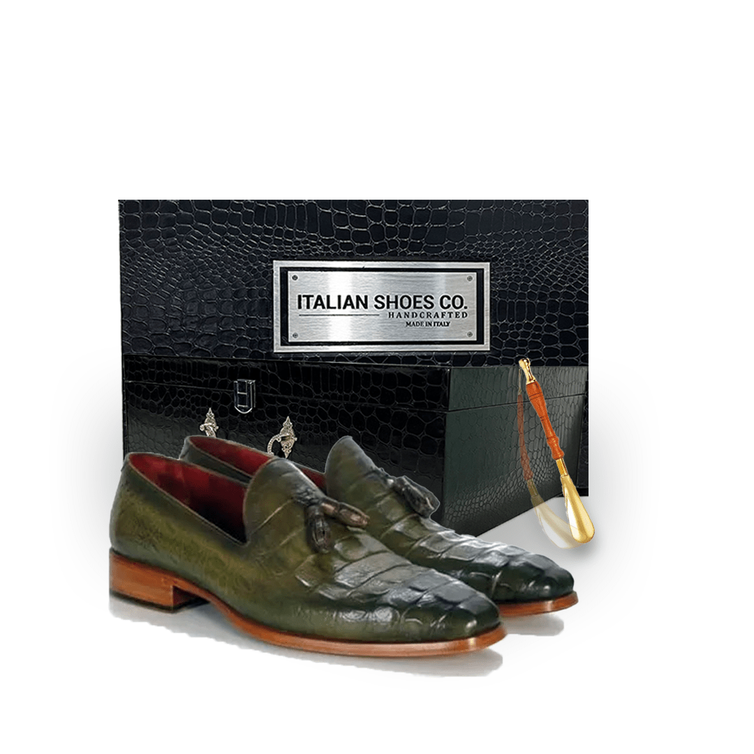 Embossed Leather Green Tassel Loafer