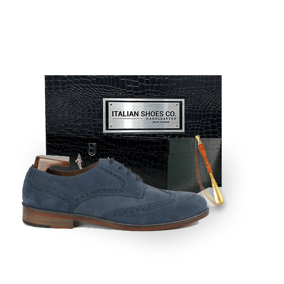 Wingtip Derby Blucher Suede Blue Leather Shoes