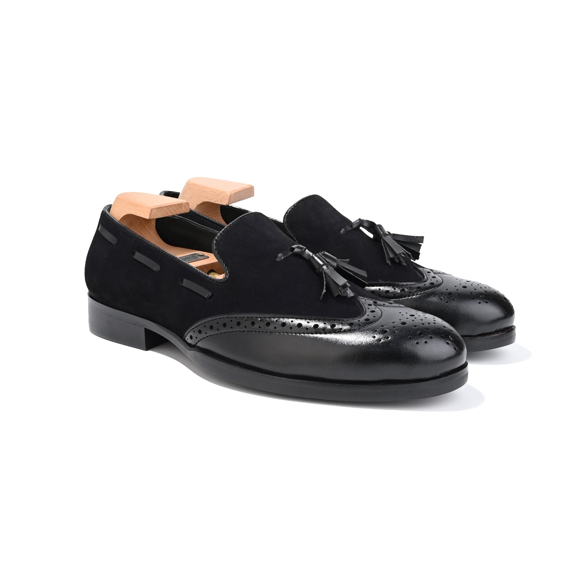 Royale Black Leather Suede Tassel Loafers