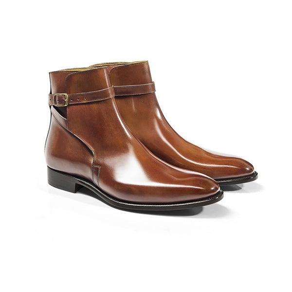 Classy Shiny Brown Italian Leather Around Buckle Strap Boots