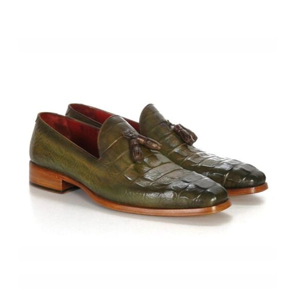 Embossed Leather Green Tassel Loafer