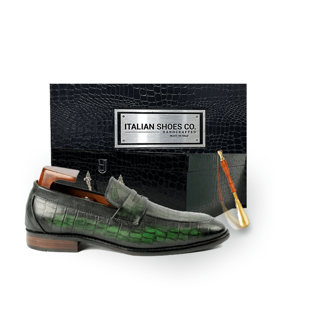 Embossed Shade Green Leather Penny Loafer
