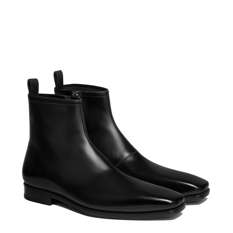 Luxury Leather Polished Black Square-toe Boot With Side-zip Detailing