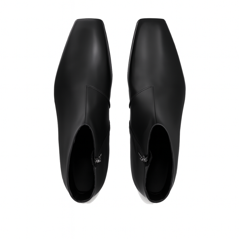 Luxury Leather Polished Black Square-toe Boot With Side-zip Detailing