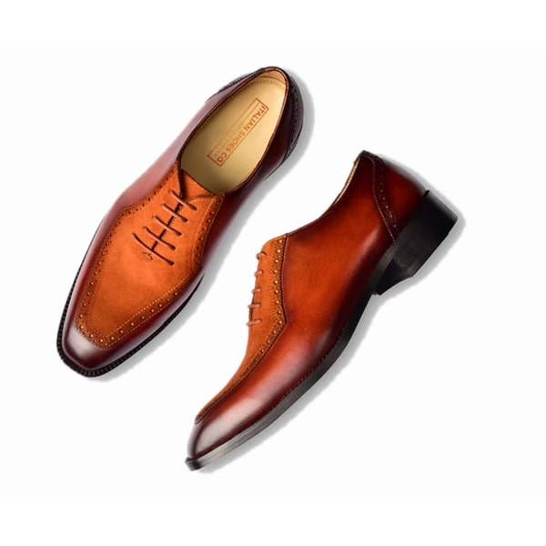 Oxford Lace up Brown Shoes Suede Upper with Patina Design