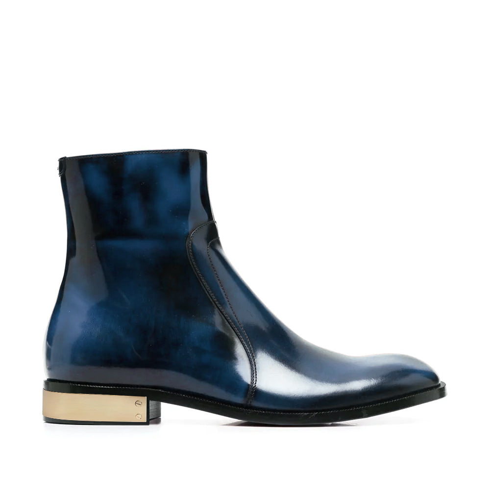 Blue Waxed Leather Ankle Boots