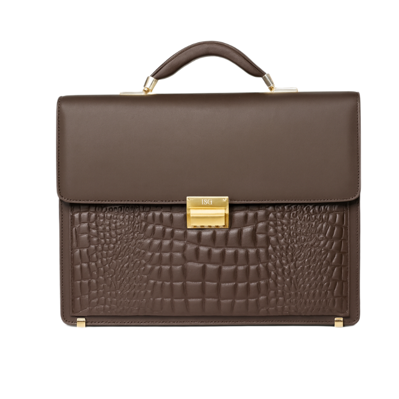 Italian Textured Chocolate Brown Milano Crest Lock Closure Briefcase
