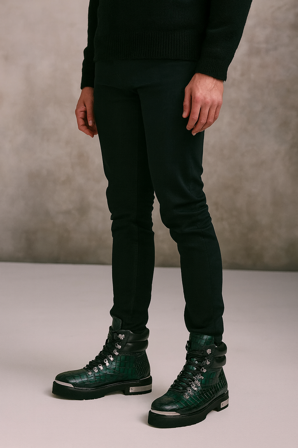 Croco Deep Cut Leather Lace-UP Ankle Boot Black