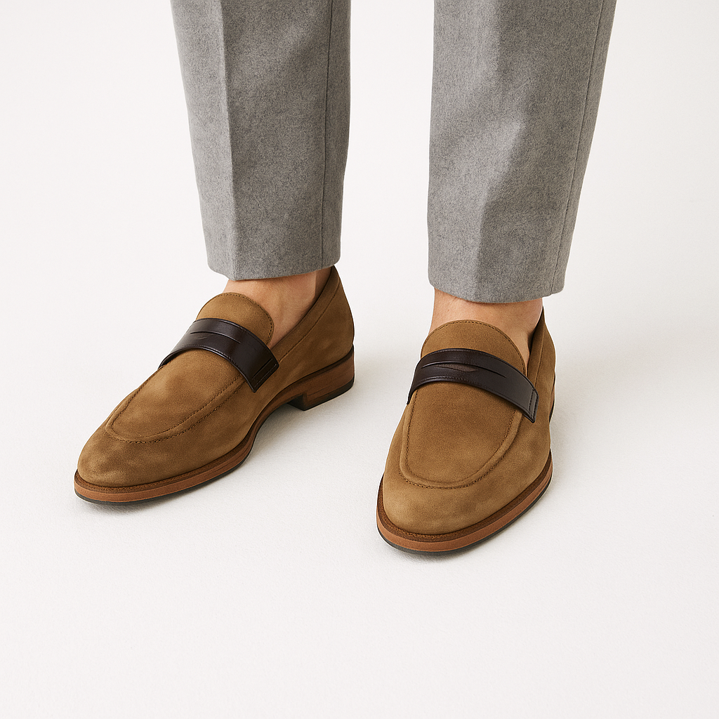 Luxury Suede Leather Oak Wood Penny Loafer with Strap