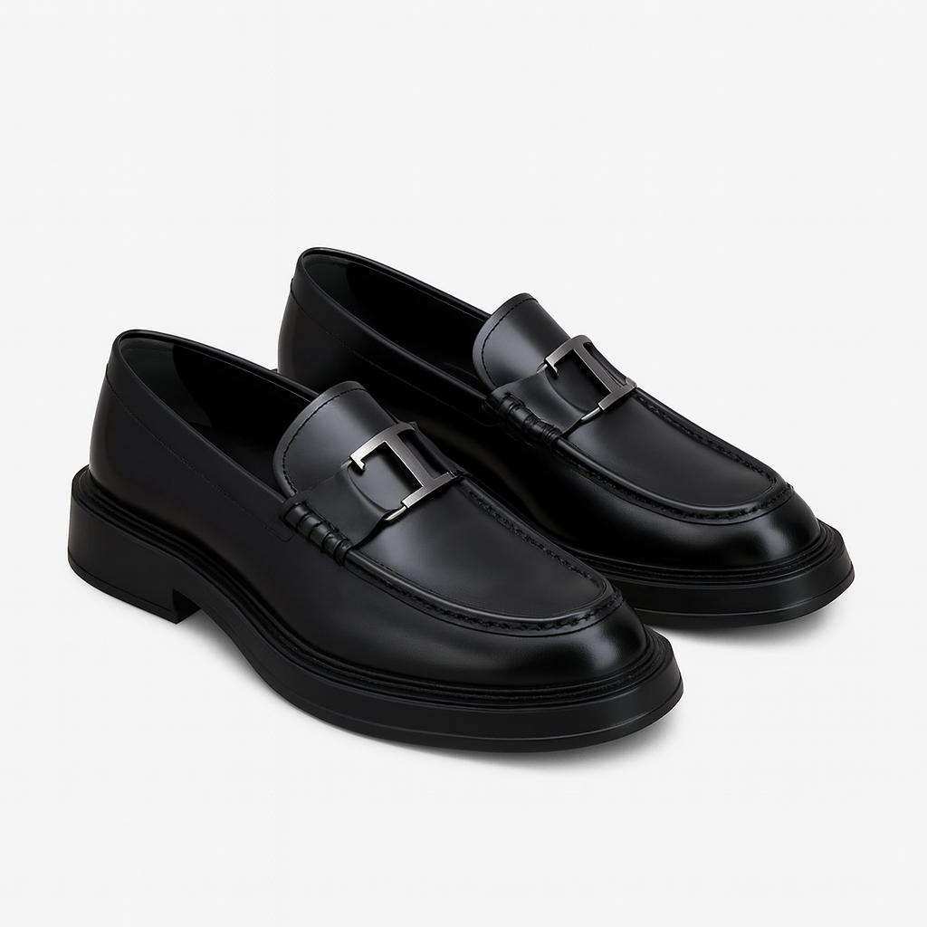 Pure Solid Leather Buckled Timeless Loafers