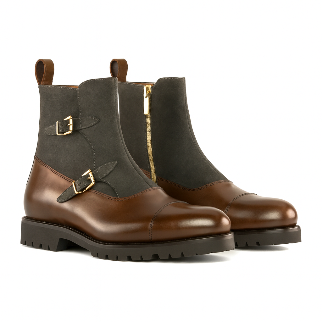 Leather & Waxed Suede Double-Monk Boots