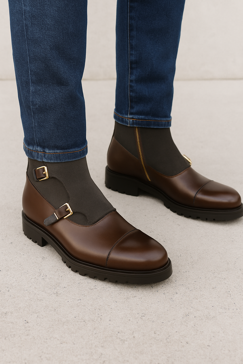 Leather & Waxed Suede Double-Monk Boots