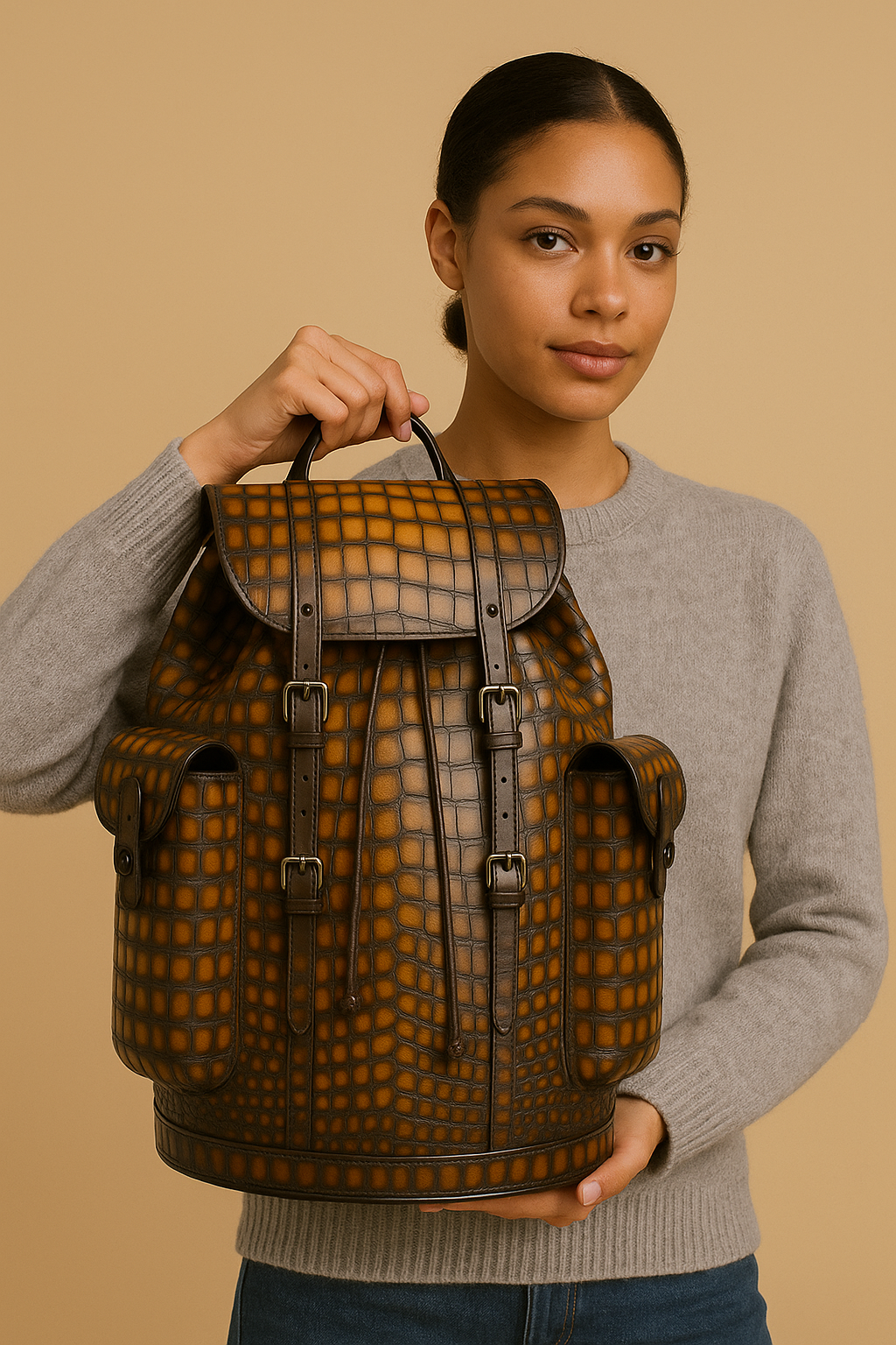 Luxury Brown Croco Leather Backpack
