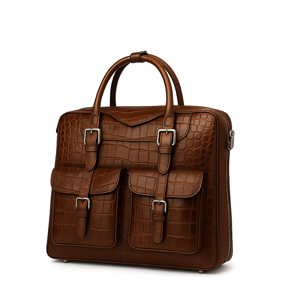 Italian Croco Leather Front Pocket Burgundy Briefcase Bag