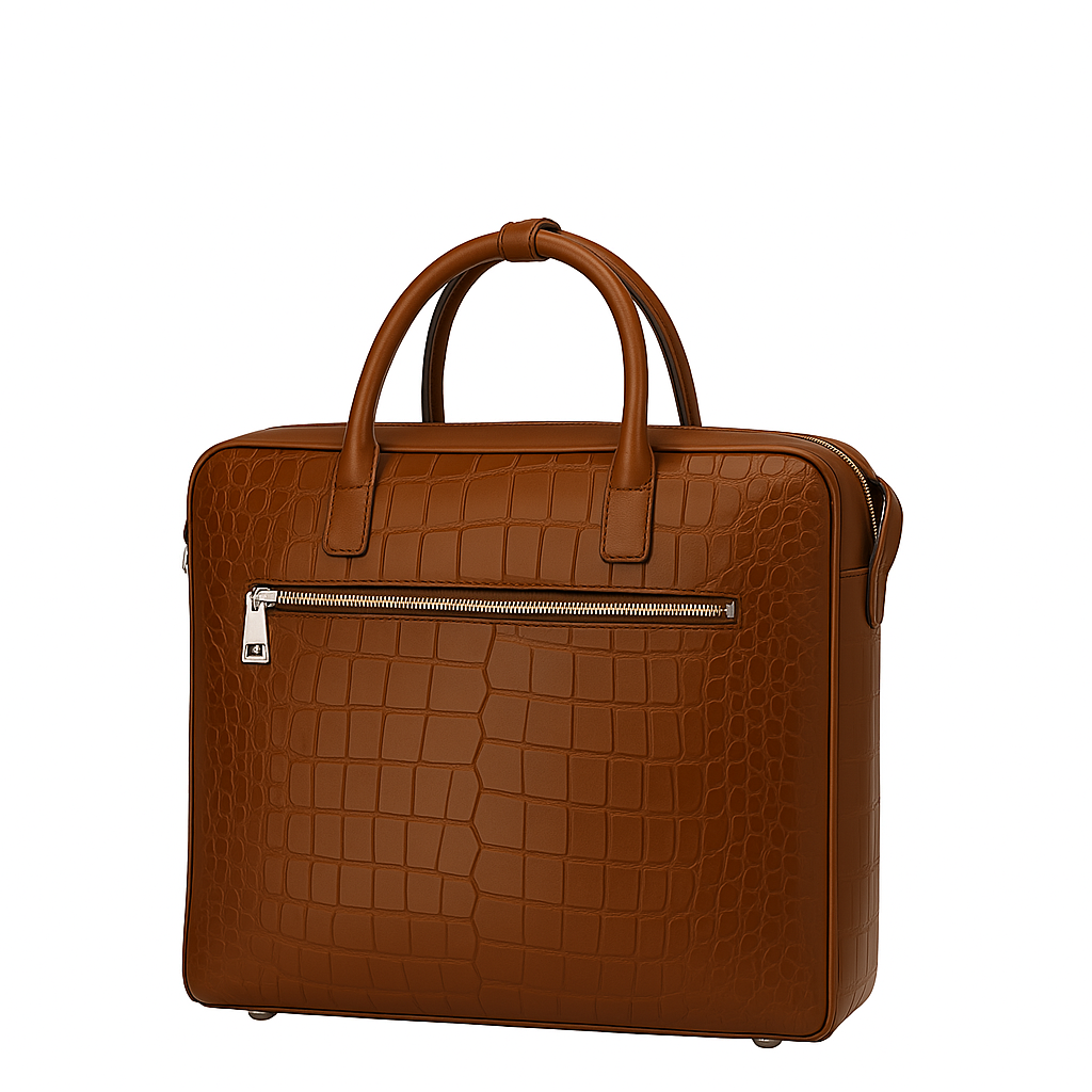 Italian Croco Leather Front Pocket Tan Briefcase Bag