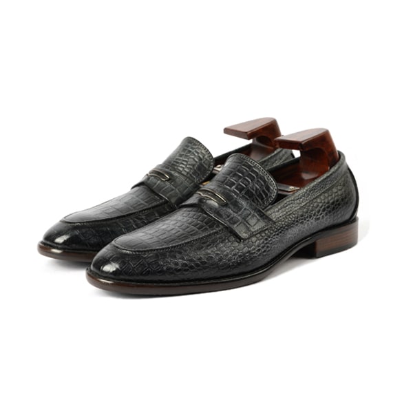Embossed Matt Black Leather Penny Loafer