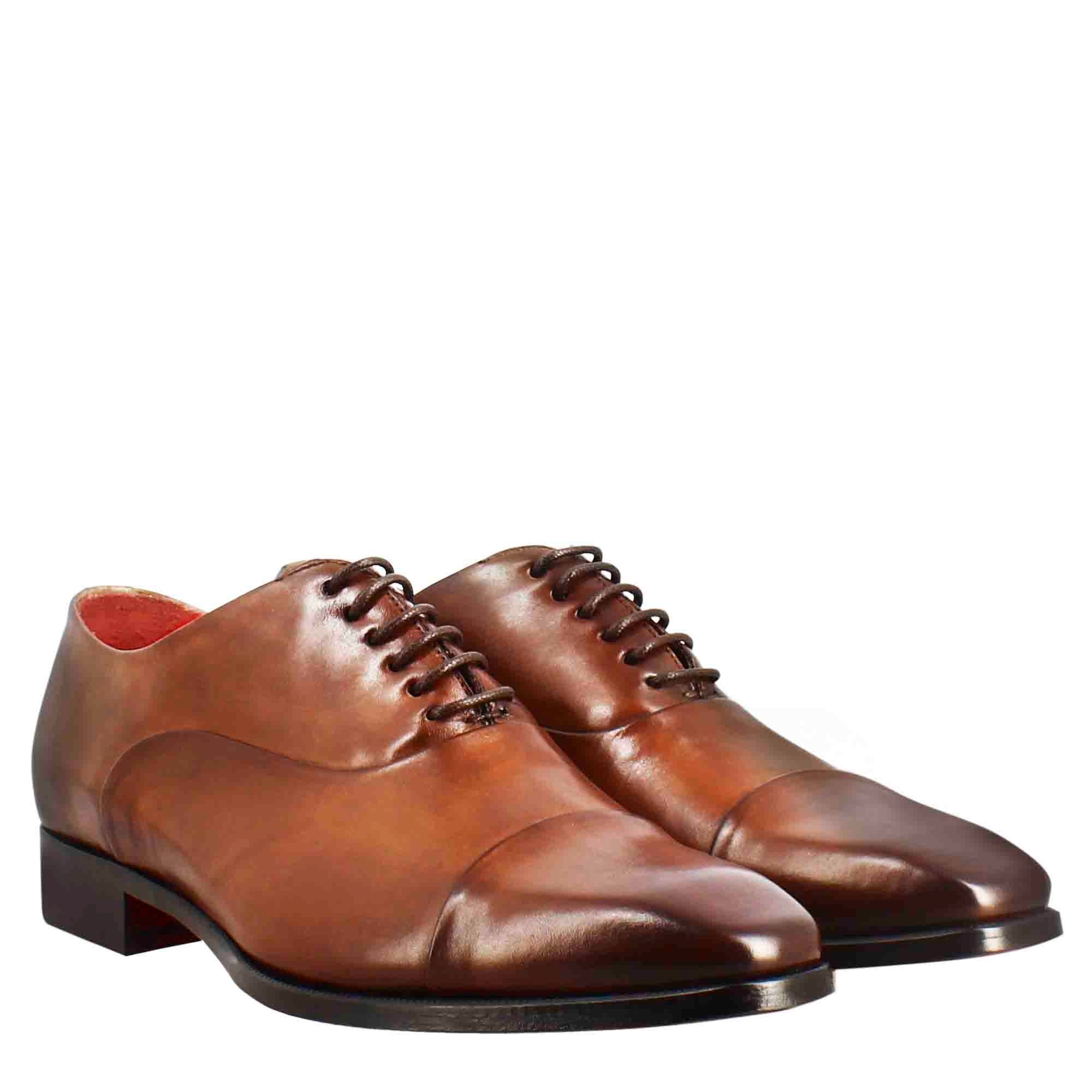 Men Brandy Leather Oxford Shoes with Toe Cap