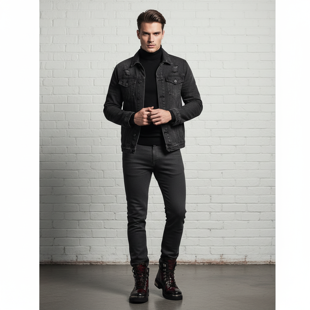 Croco Leather Lace-Up High Ankle Boot Black