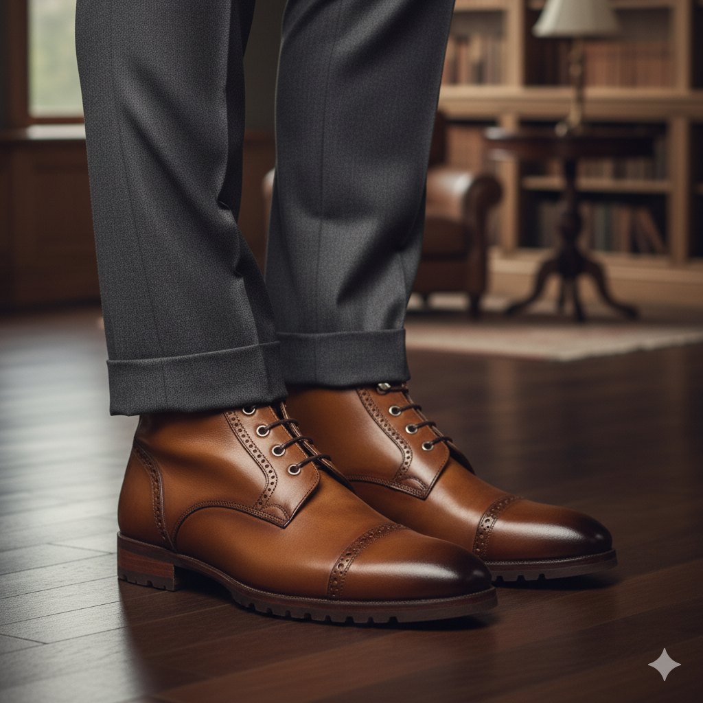 Leather Lace-Up Cap Toe Boots For Men