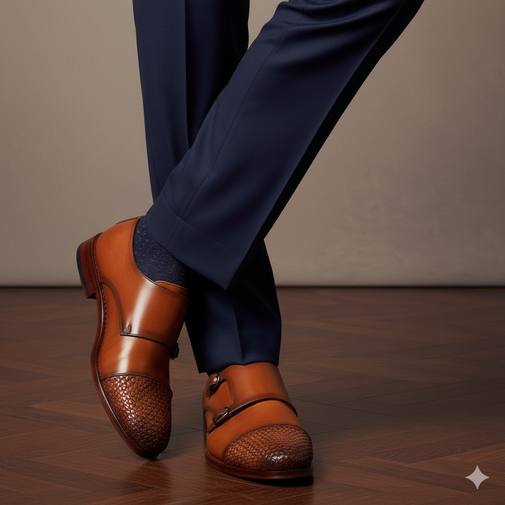 Double Monk Woven Leather Cap-Toe Tan Shoe