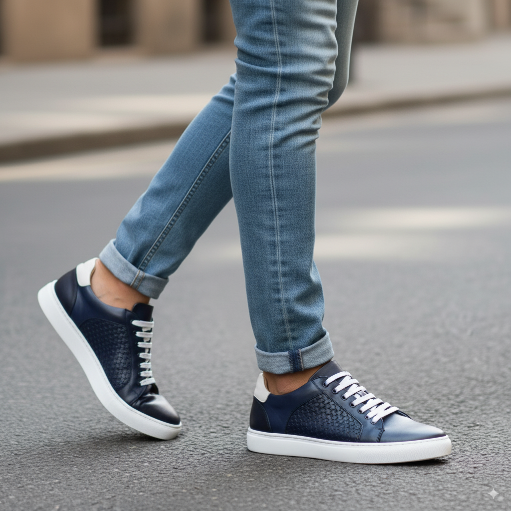 Men's Casual Trainer In Woven Leather Blue Colour