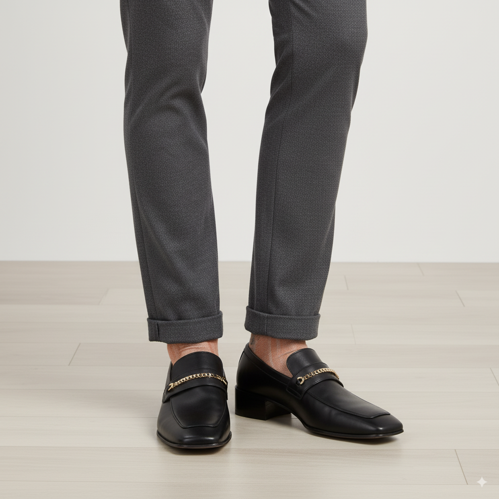 Men Solid Leather Chain Red Sole Loafers