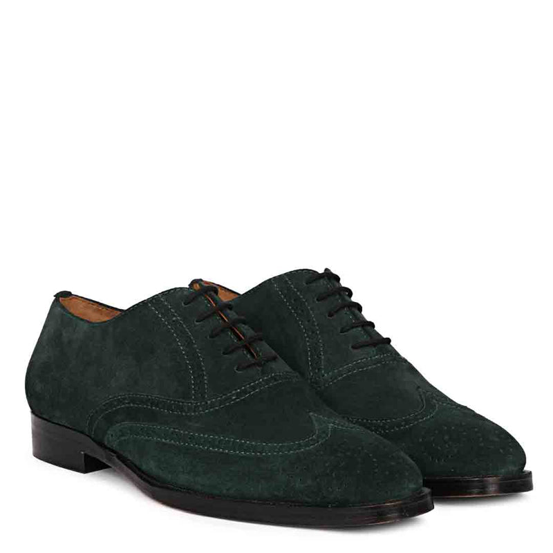 Leather Square Toe Lace Up Green Wingtip Oxford Shoe