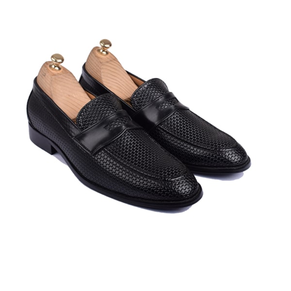 Penny Weaved Black Hand Colored Leather Loafer