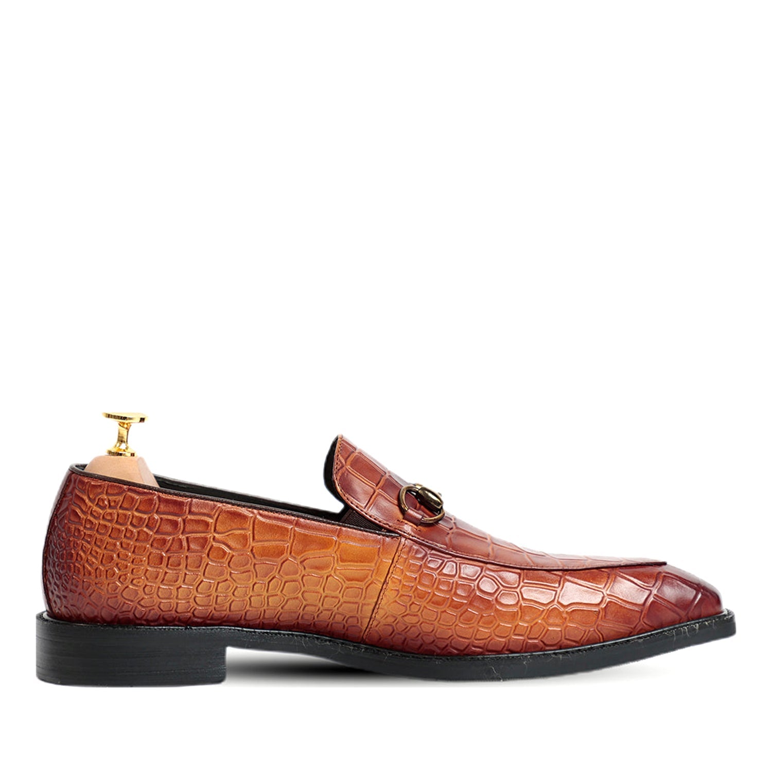 Brown Horse Bit Croco Slip On Loafers
