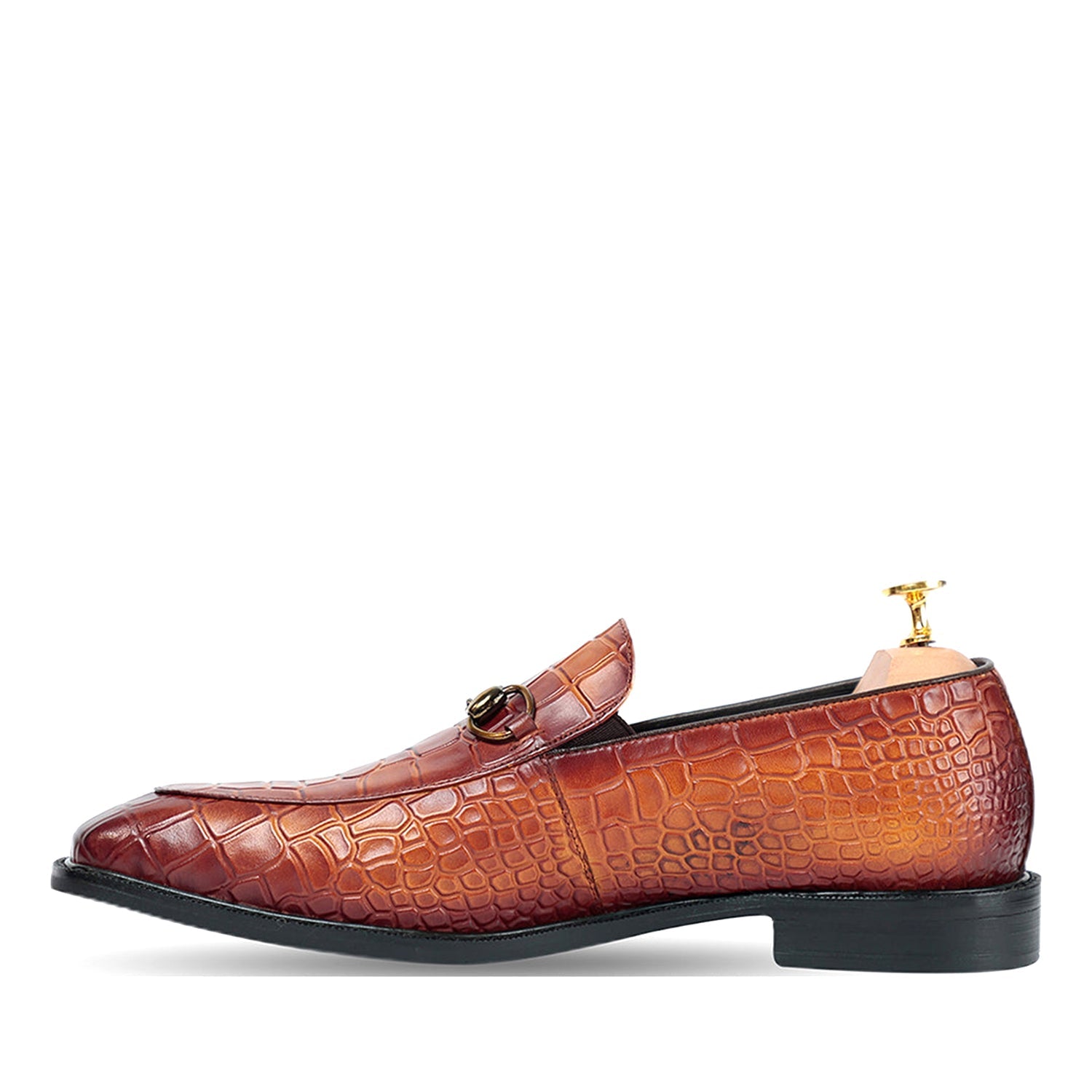 Brown Horse Bit Croco Slip On Loafers