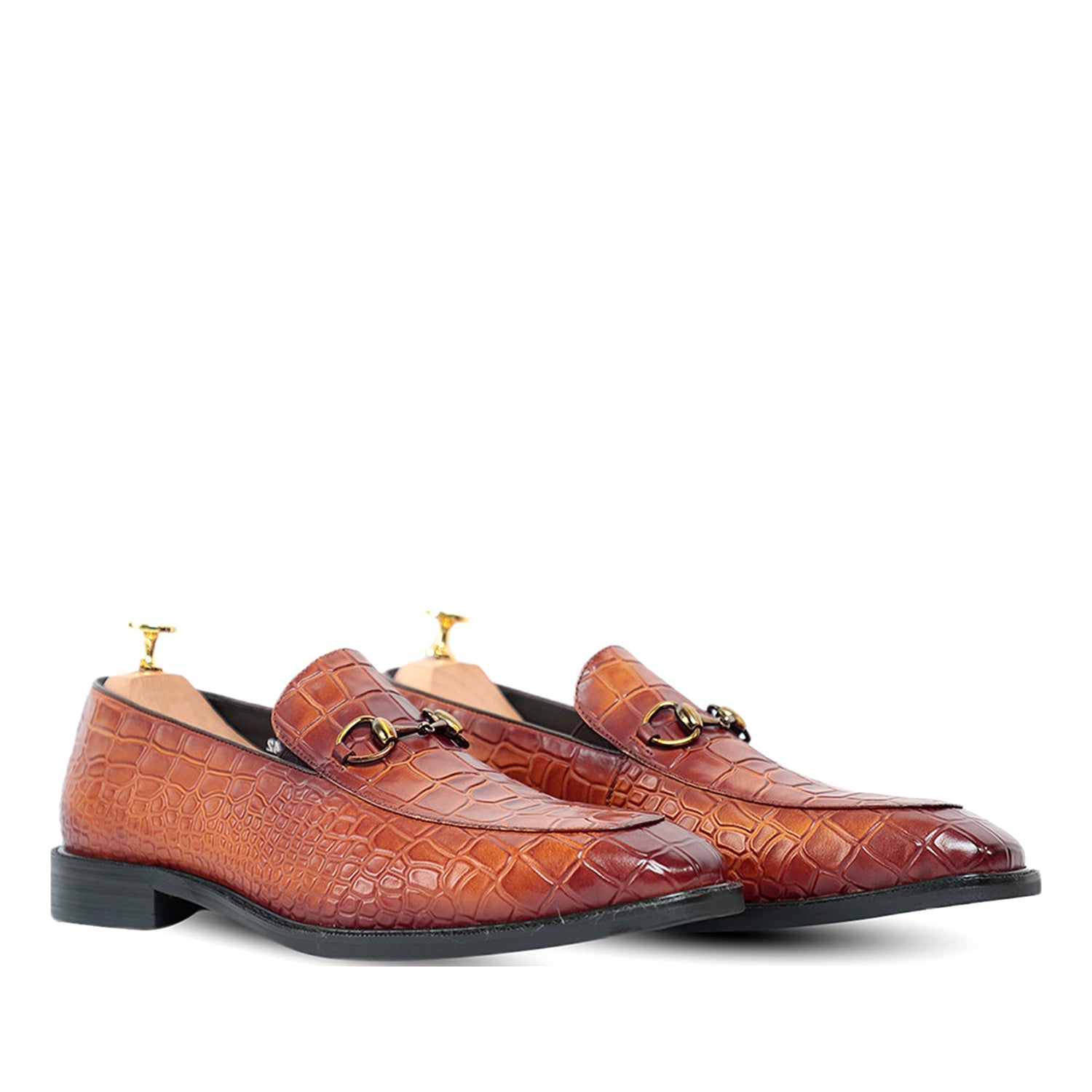 Brown Horse Bit Croco Slip On Loafers