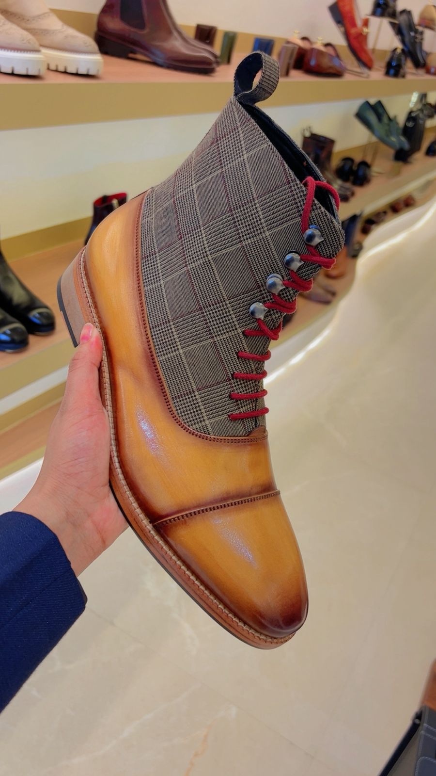 Men's Leather Tan Plaid Ankle Boot