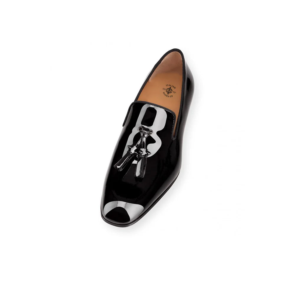 Patent Black Leather Round Toe Loafers in Tassel Detailing