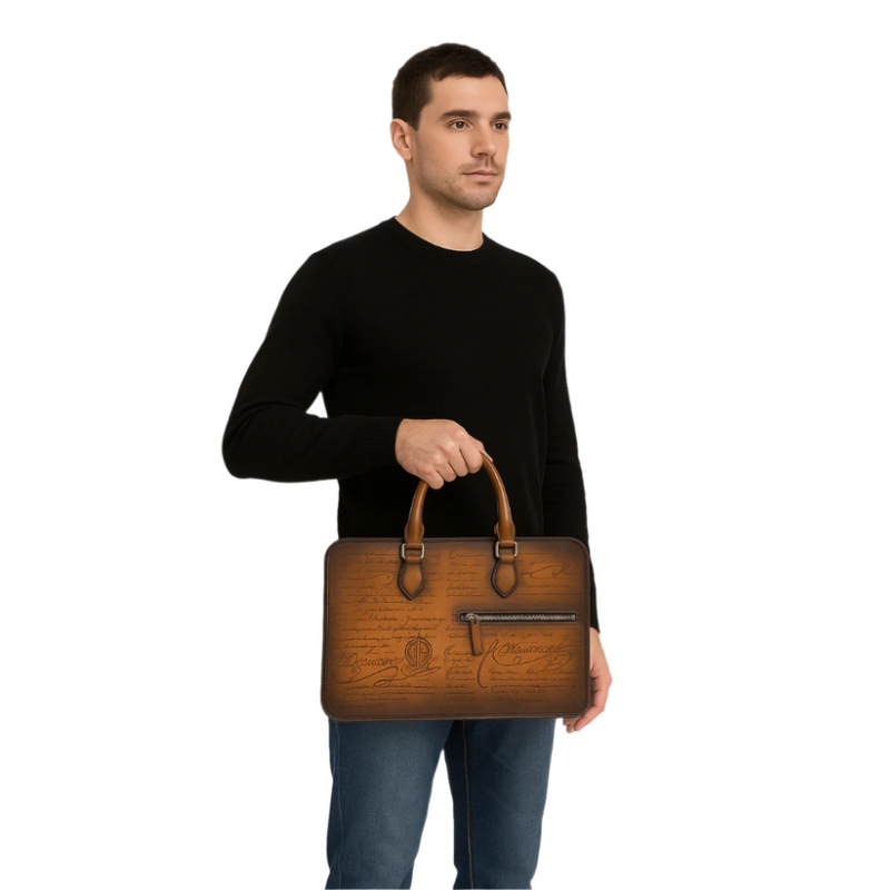 Luxury Handcrafted Printed Leather Chocolate Brown Briefcase