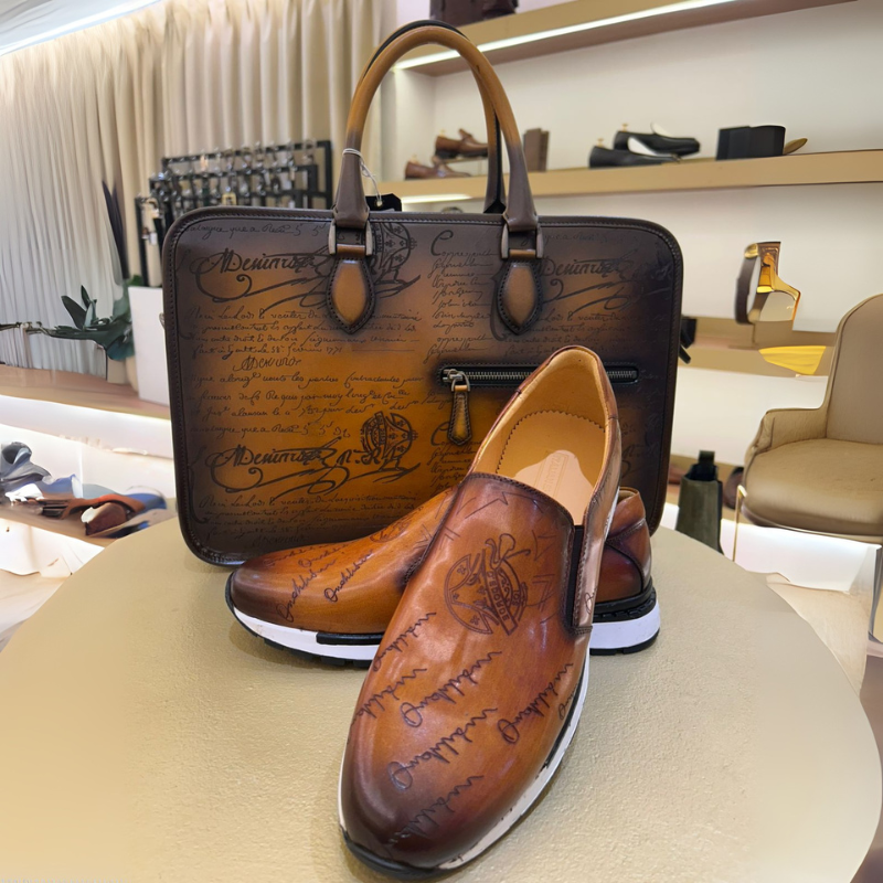 Luxury Handcrafted Printed Leather Blue Briefcase