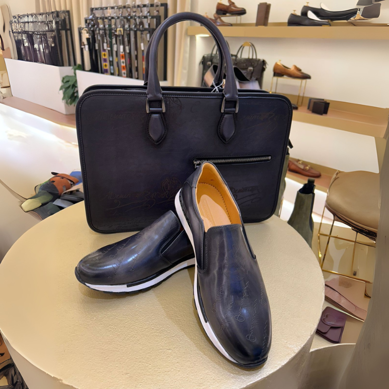 Luxury Handcrafted Printed Leather Blue Briefcase