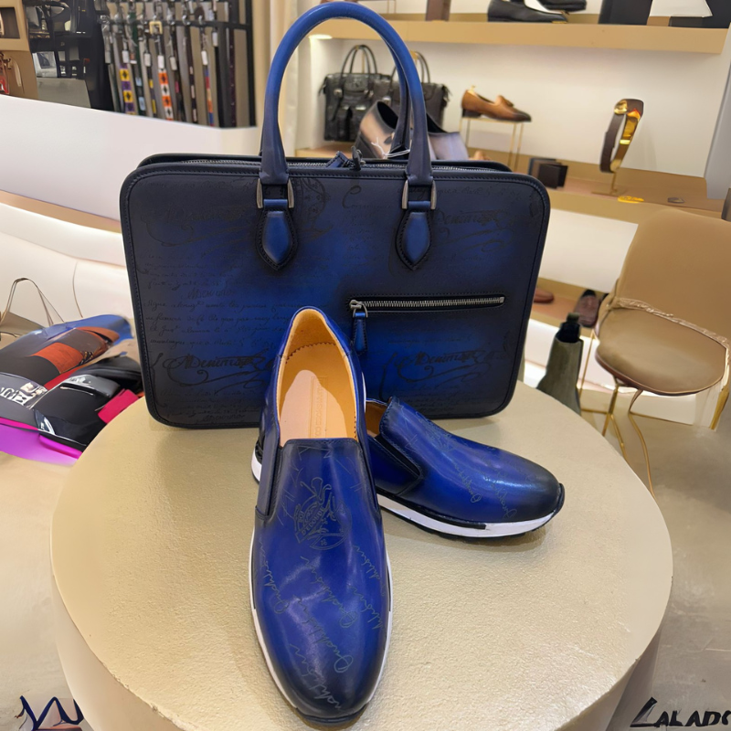 Luxury Handcrafted Printed Leather Blue Briefcase