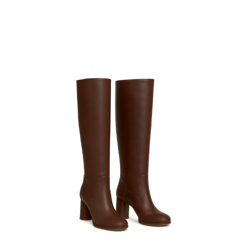 Women's Leather Brown Solid Block Heel Long Boots