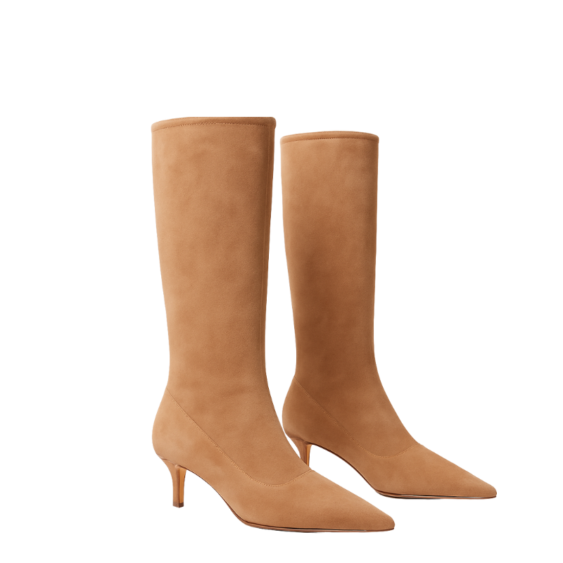 Premium Black Knee High Kitten Heel Square Toe Tall Leather Boots for Women's