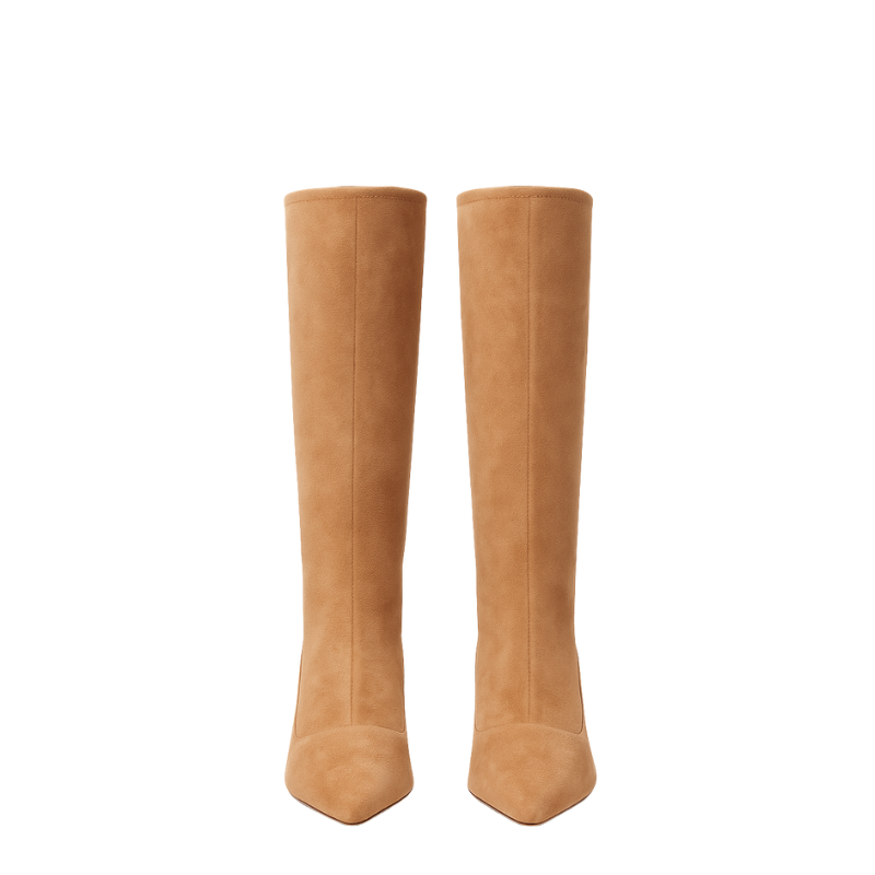 Premium Brown Knee High Kitten Heel Square Toe Tall Leather Boots for Women's