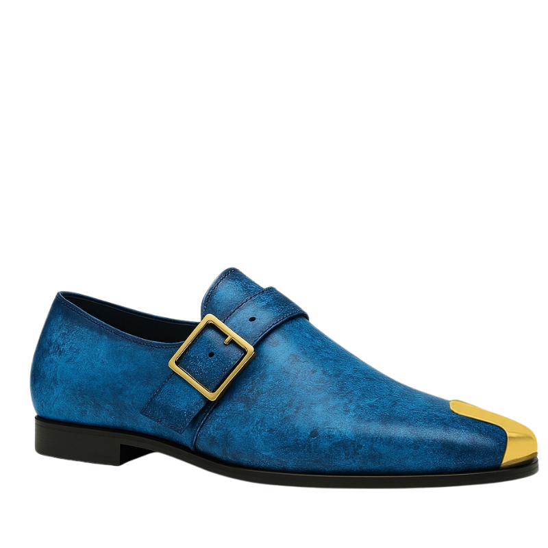 Luxury Oceanic Blue Leather Buckle Loafers With Golden Toe