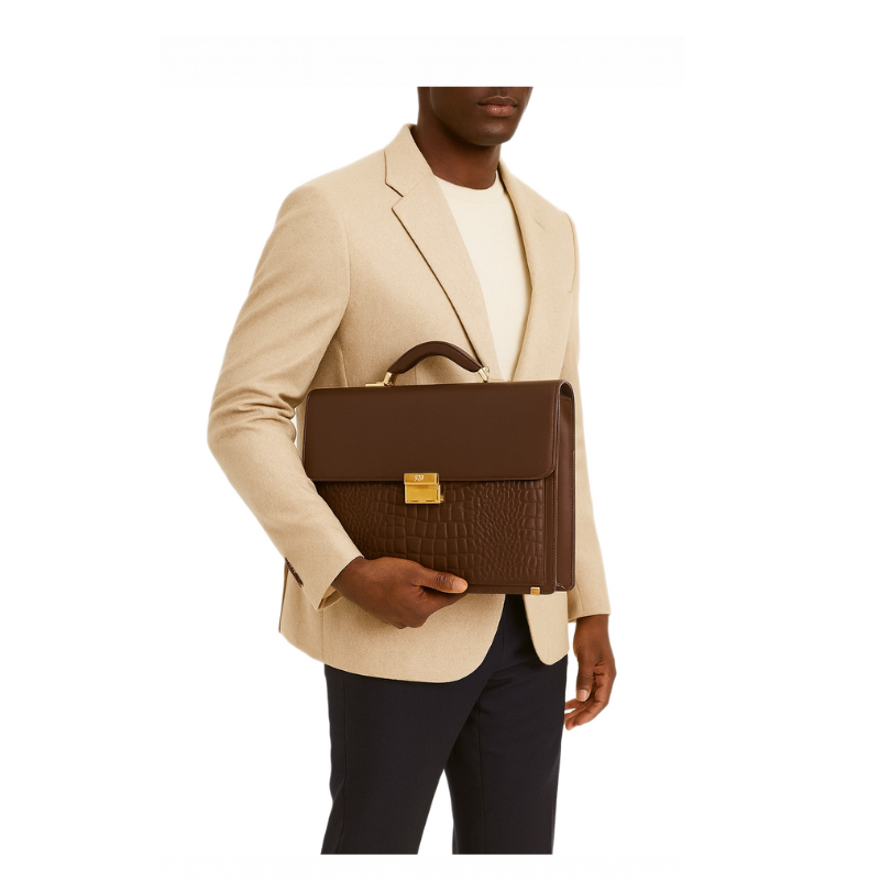 Italian Textured Chocolate Brown Milano Crest Lock Closure Briefcase