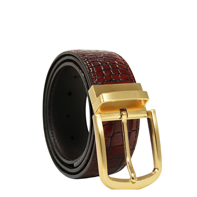 Croco Textured Leather Burgundy Strap Belt with Golden Reversible Buckle Closure